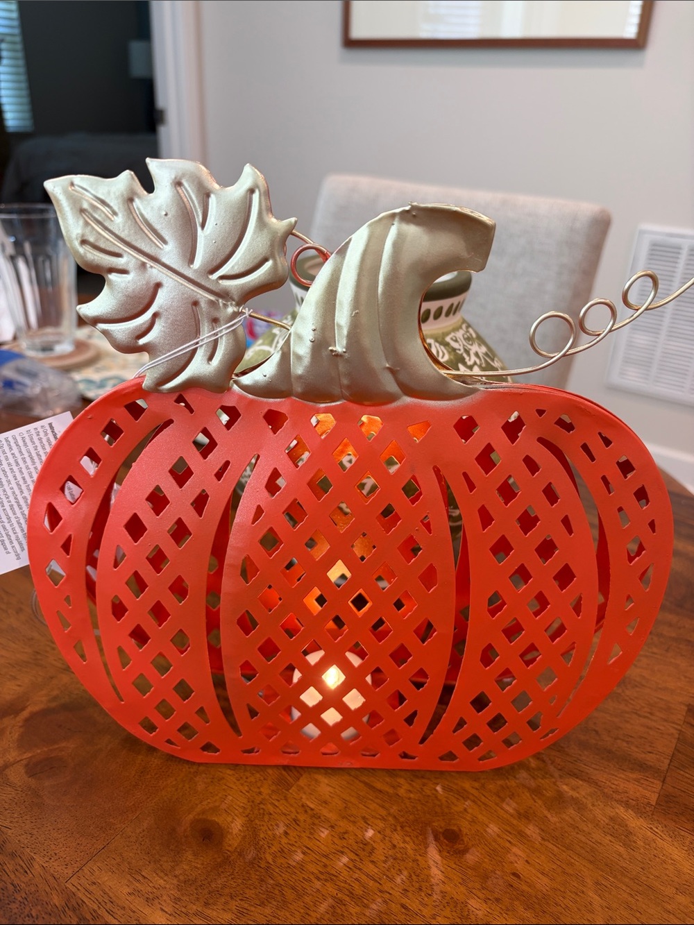 Festive Orange Metal Pumpkin Lantern with Gold-Accent Leaf